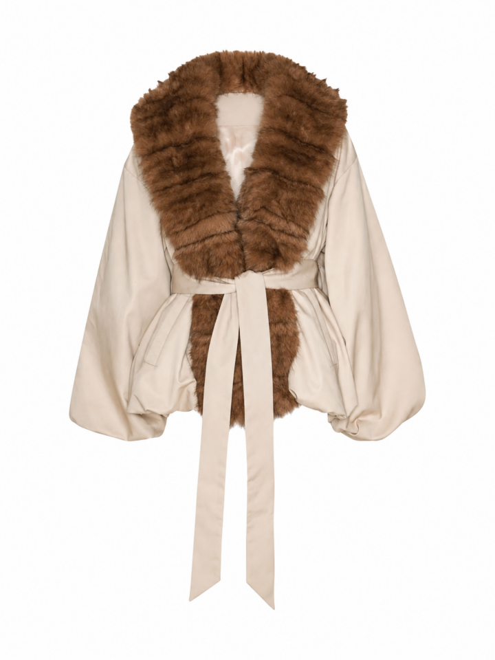 Ivory Wrap Coat with Brown Faux-Fur Collar and Balloon Sleeves