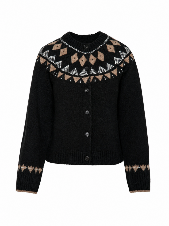Black Fair Isle Patterned Button-Front Cardigan