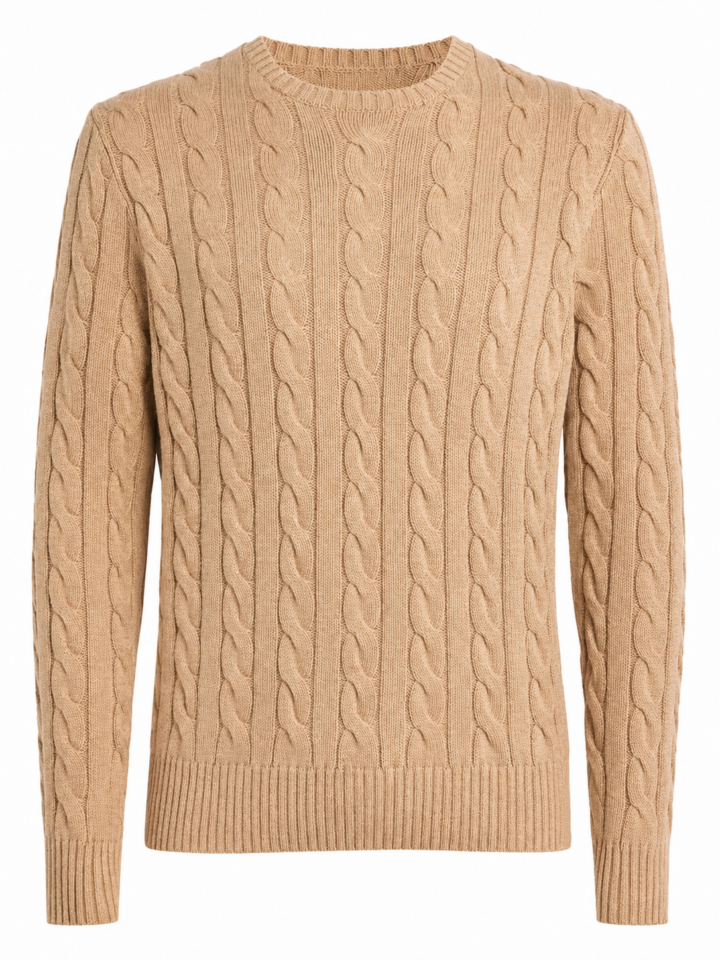 Tan Cable-Knit Crewneck Sweater