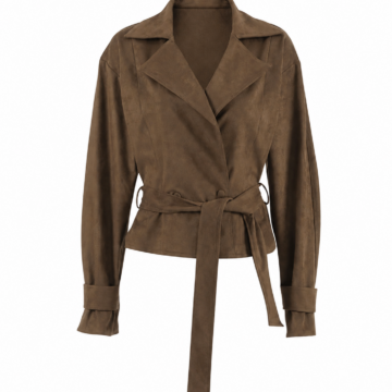Dark Brown Faux Suede Wrap Jacket with Tie Belt