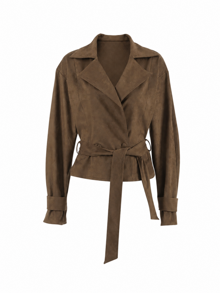 Dark Brown Faux Suede Wrap Jacket with Tie Belt