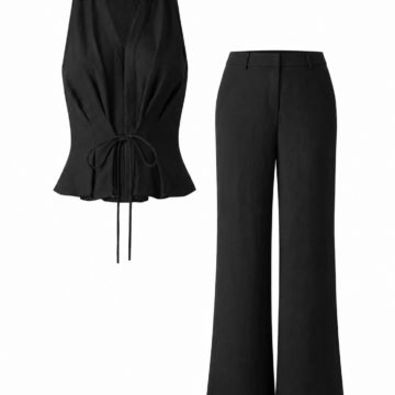 Black Collared Sleeveless Top and Wide-Leg Trouser Set
