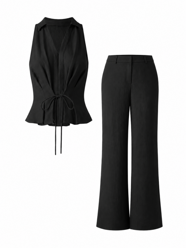 Black Collared Sleeveless Top and Wide-Leg Trouser Set