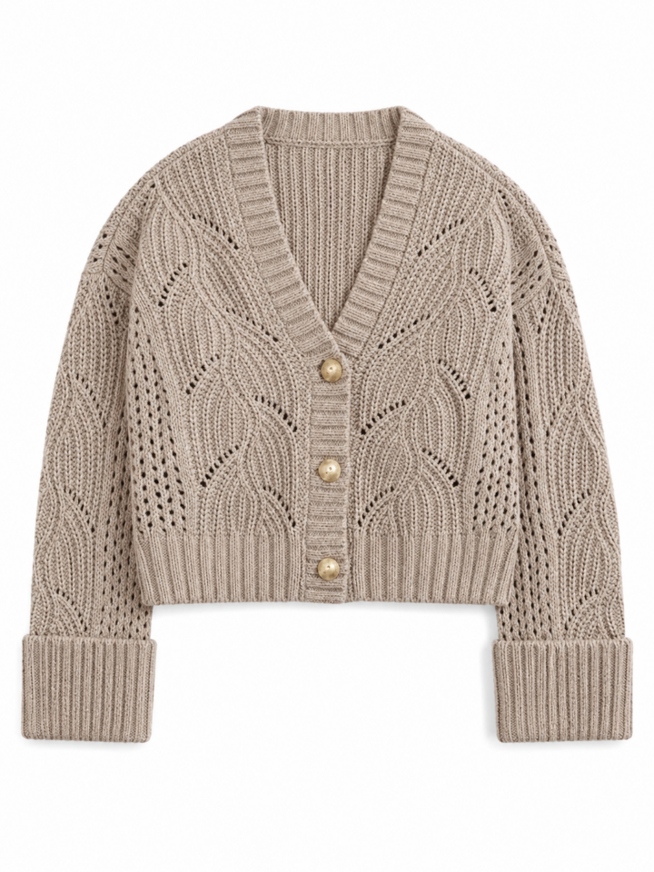 Beige Pointelle Cropped Cardigan with Gold Buttons