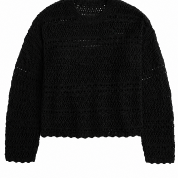 Black Cropped Open-Knit Sweater with Pointelle Detail