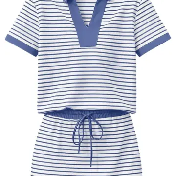 Blue and White Striped Polo Shirt and Mini Skirt Set