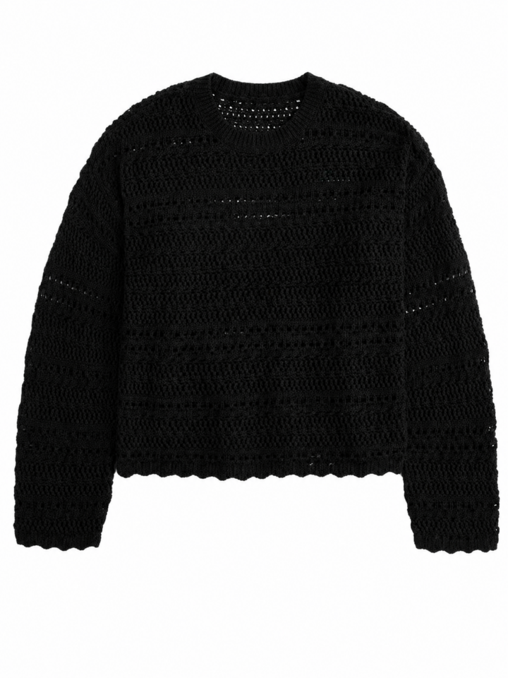 Black Cropped Open-Knit Sweater with Pointelle Detail