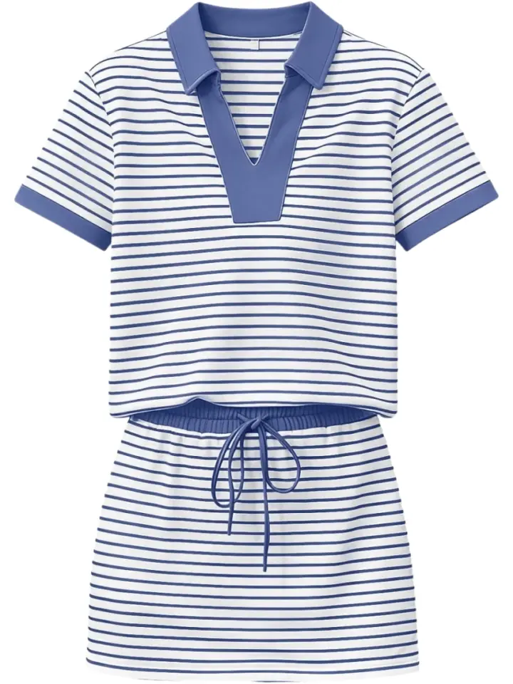 Blue and White Striped Polo Shirt and Mini Skirt Set
