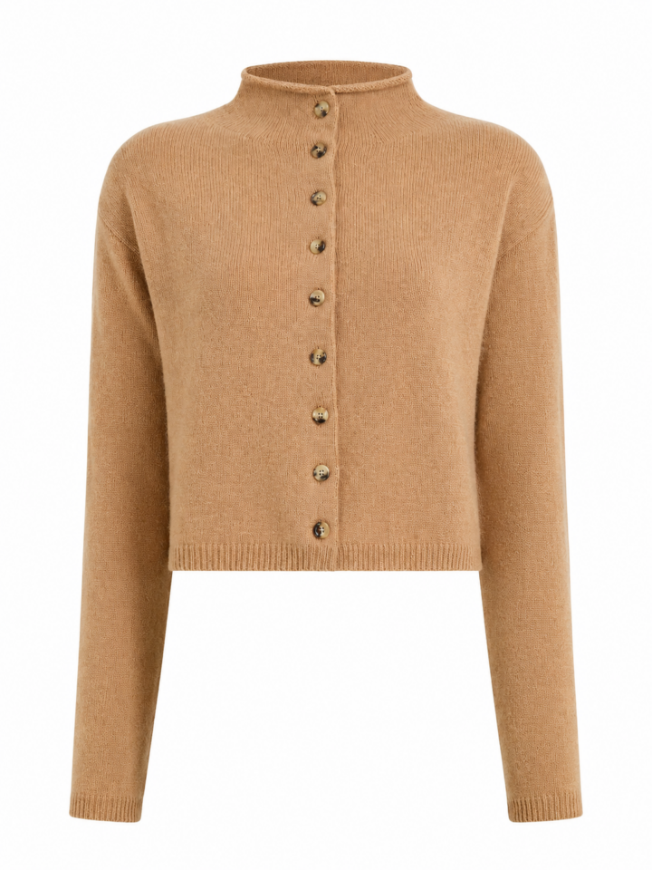 Camel Cropped Mock Neck Cardigan