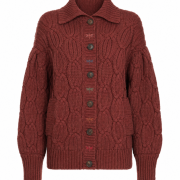 Dark Red Cable Knit Cardigan with Diamond Pattern and Dragonfly Embroidery