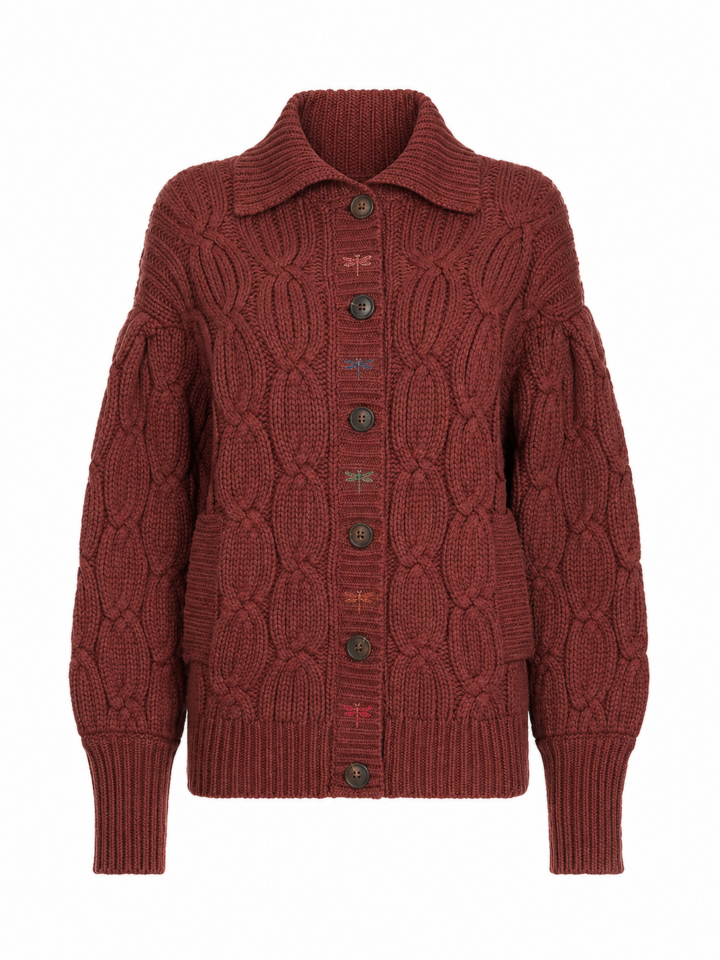 Dark Red Cable Knit Cardigan with Diamond Pattern and Dragonfly Embroidery