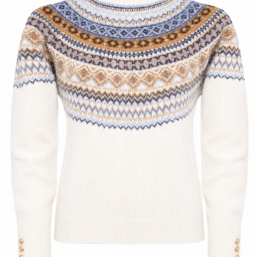 Crew Neck Fair Isle Sweater in Cream with Blue Grey and Gold Geometric Pattern
