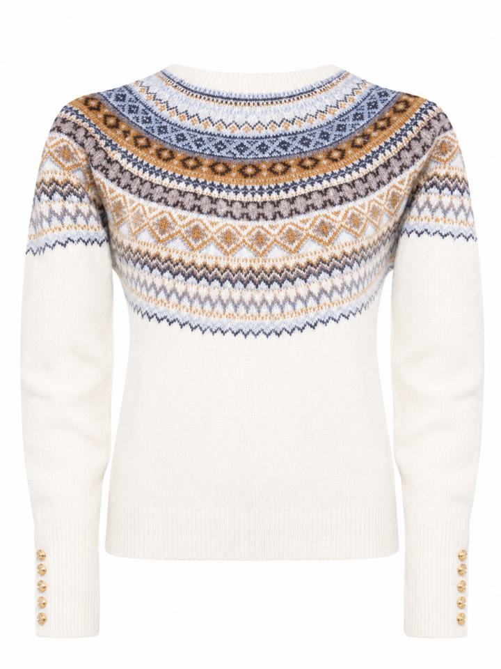 Crew Neck Fair Isle Sweater in Cream with Blue Grey and Gold Geometric Pattern
