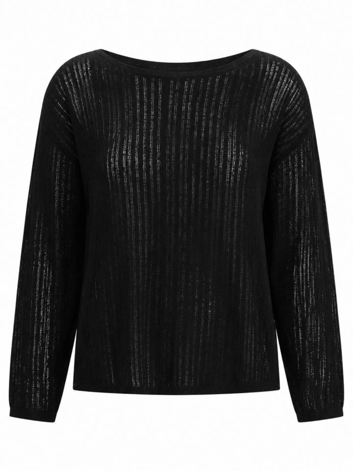 Black Relaxed Boat Neck Semi-Sheer Stripe Knit Sweater