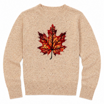 Beige Speckled Crewneck Sweater with Maple Leaf Graphic