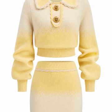 Yellow Cream Ombre Knit Two-Piece Set with Cropped Collared Top and Mini Skirt
