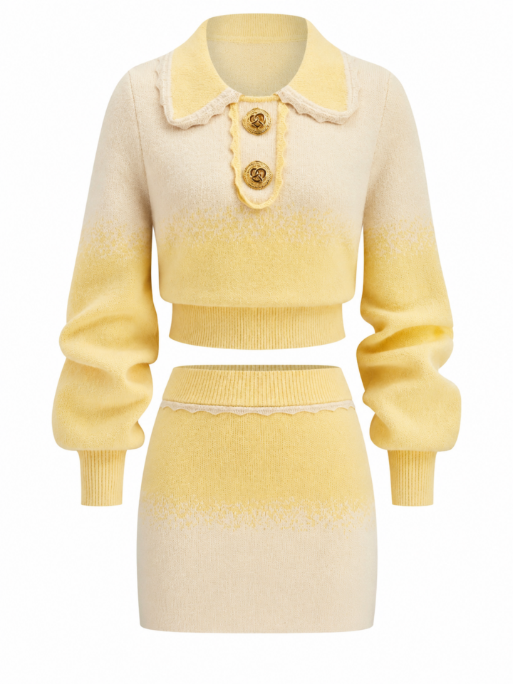Yellow Cream Ombre Knit Two-Piece Set with Cropped Collared Top and Mini Skirt