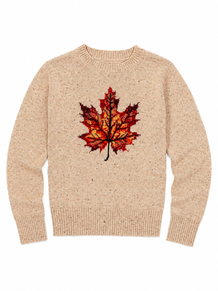 Beige Speckled Crewneck Sweater with Maple Leaf Graphic