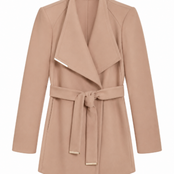 Camel Wrap Coat with Self-Tie Belt and Gold Hardware