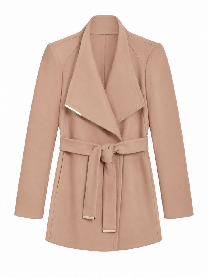 Camel Wrap Coat with Self-Tie Belt and Gold Hardware