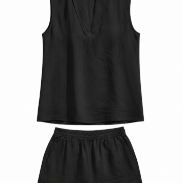 Black Two-Piece Lounge Set with Deep V-Neck Tank and Elastic Shorts