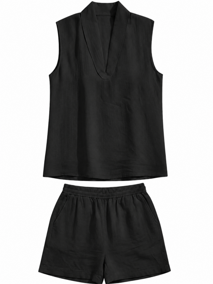 Black Two-Piece Lounge Set with Deep V-Neck Tank and Elastic Shorts