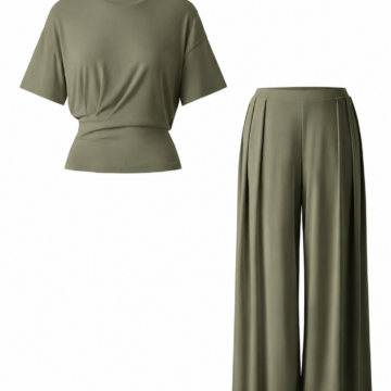 Sage Green T-Shirt and Wide-Leg Pants Two-Piece Set