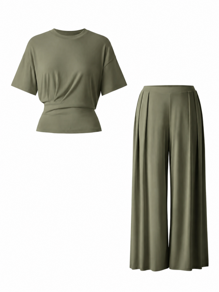 Sage Green T-Shirt and Wide-Leg Pants Two-Piece Set