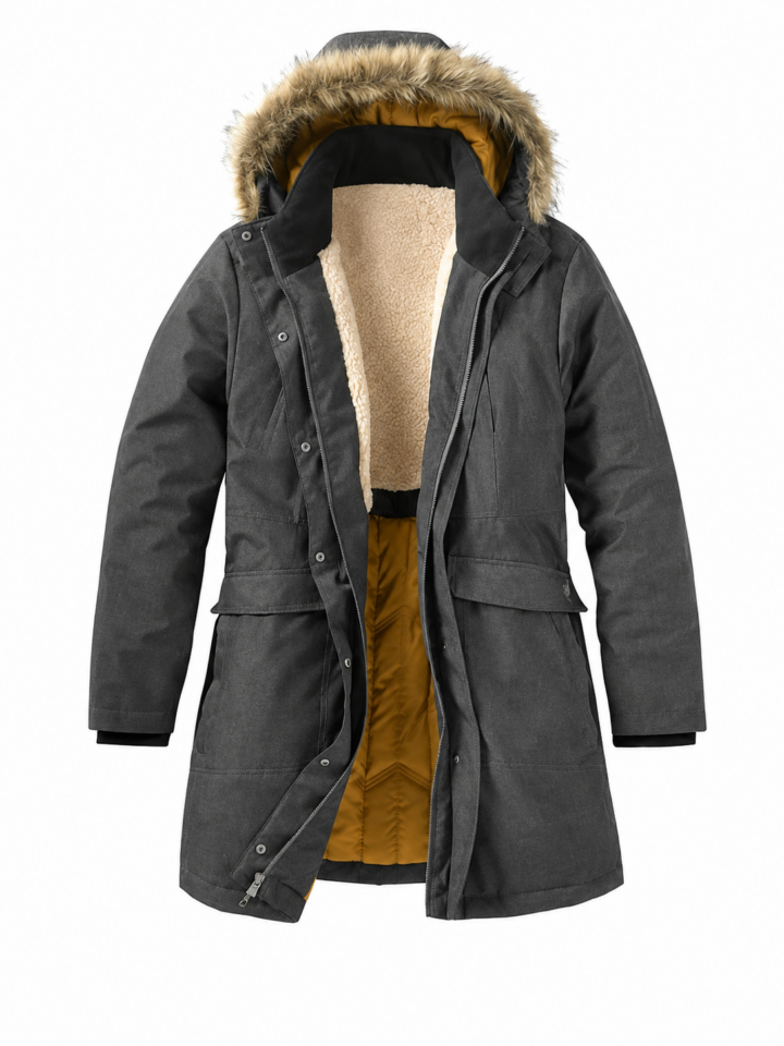 Dark Charcoal Parka with Faux Fur Hood and Fleece Lining