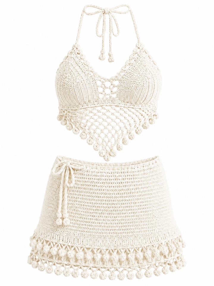 Off-White Crochet Two-Piece Set with Halter Bralette and Mini Skirt