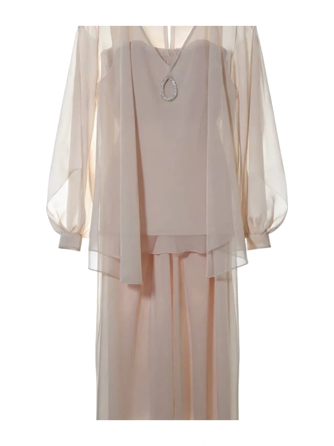 Light Beige Chiffon Overlay Top and Maxi Skirt Set
