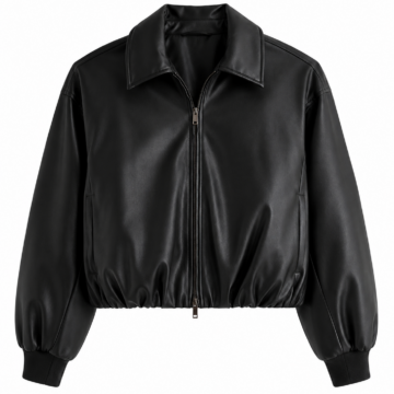 Black Cropped Biker Jacket with Ribbed Cuffs