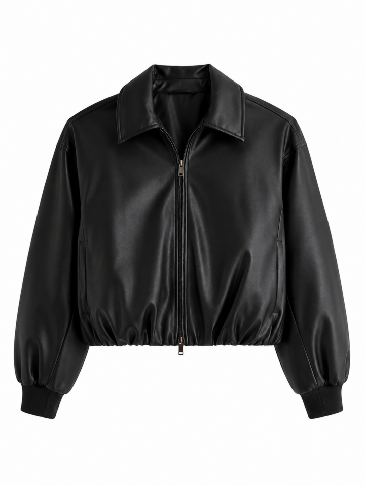 Black Cropped Biker Jacket with Ribbed Cuffs