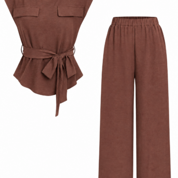 Brown Cap-Sleeve Top with Waist Tie and Wide-Leg Trouser Set