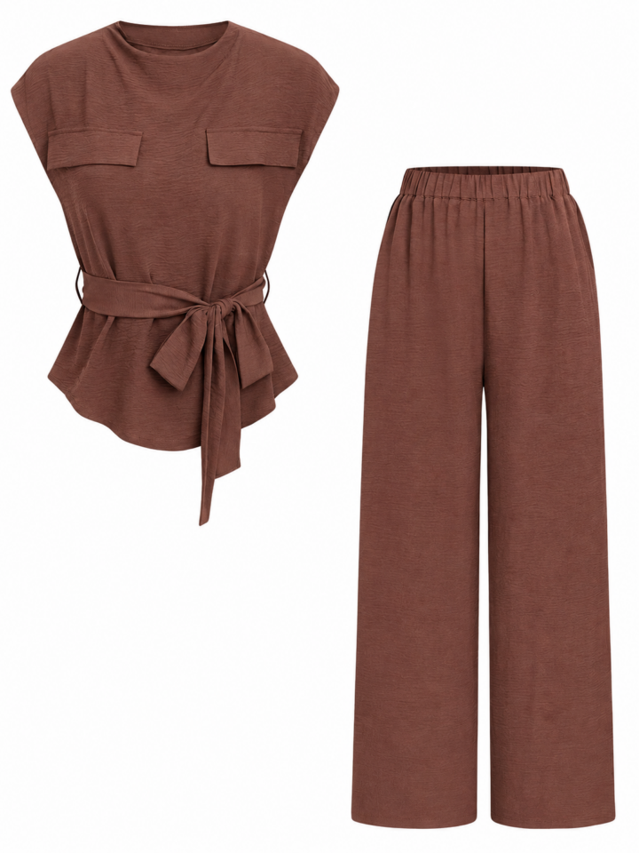 Brown Cap-Sleeve Top with Waist Tie and Wide-Leg Trouser Set
