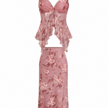 Dusty Rose Floral Print Two-Piece Camisole and Midi Skirt Set