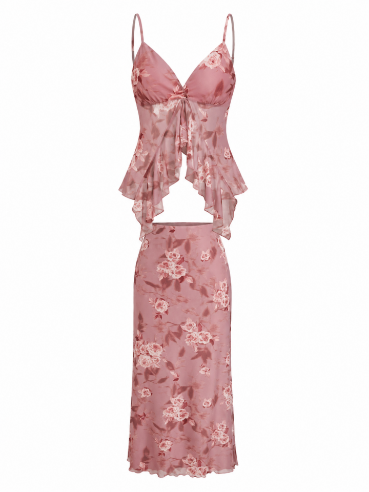 Dusty Rose Floral Print Two-Piece Camisole and Midi Skirt Set