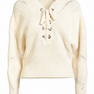 Cream Ribbed Knit Sweater with Lace-Up Neckline