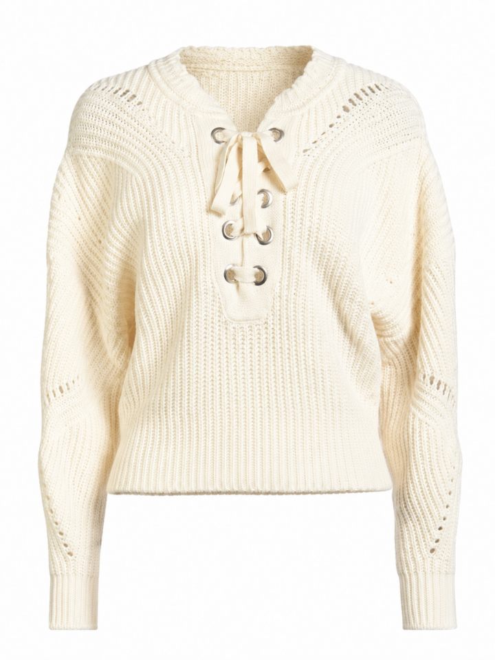 Cream Ribbed Knit Sweater with Lace-Up Neckline