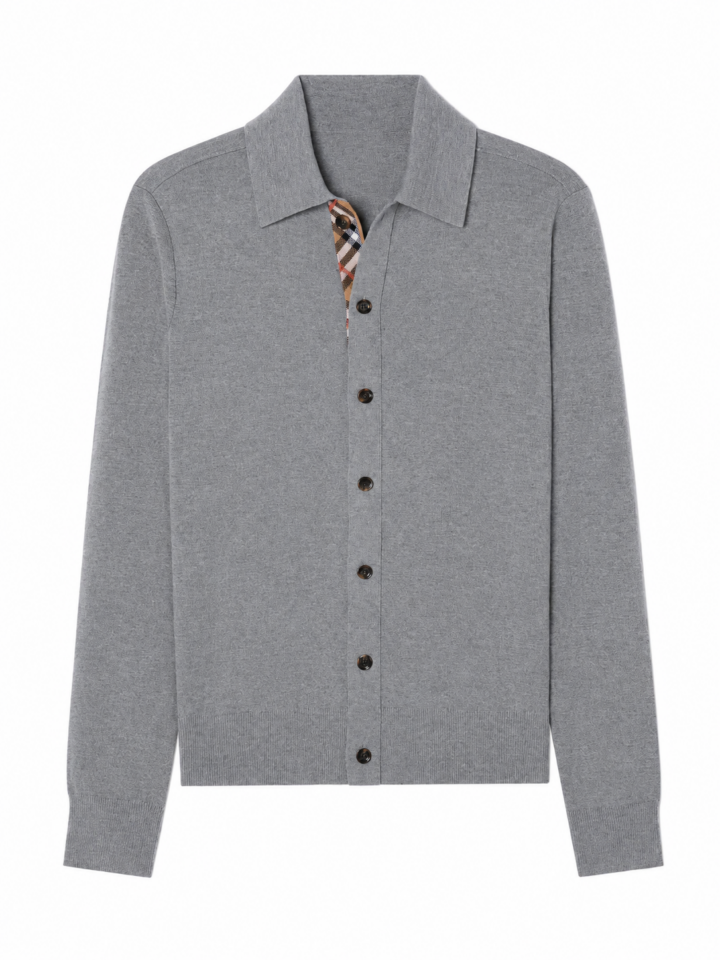Heather Grey Knit Cardigan with Polo Collar