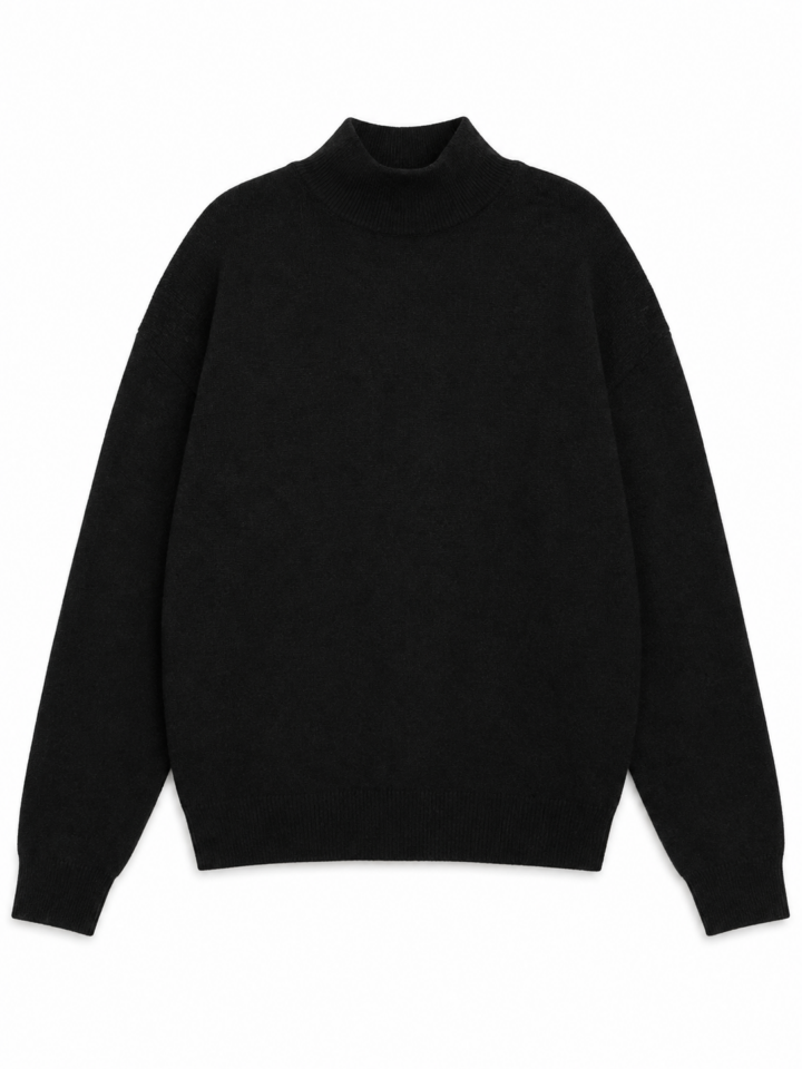 Black Knit Turtleneck Sweater with Ribbed Mock Neck