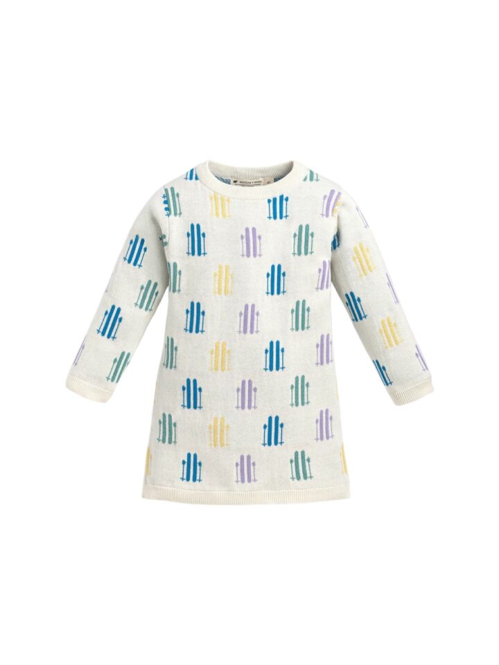 Cream Pastel Fence Pattern Knit Sweater Dress for Kids