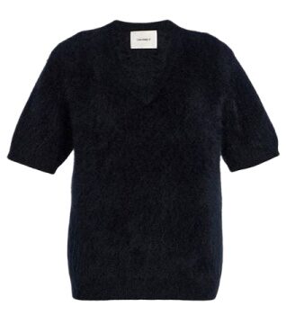 Dark Navy Short-Sleeve V-Neck Knit Sweater