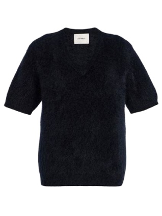 Dark Navy Short-Sleeve V-Neck Knit Sweater