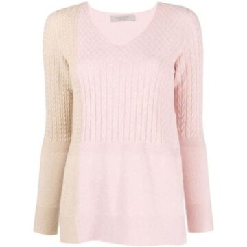 Women's Pink V-Neck Knit Pullover with Contrast Hem