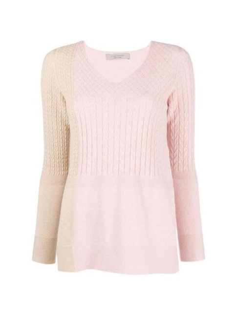 Women's Pink V-Neck Knit Pullover with Contrast Hem