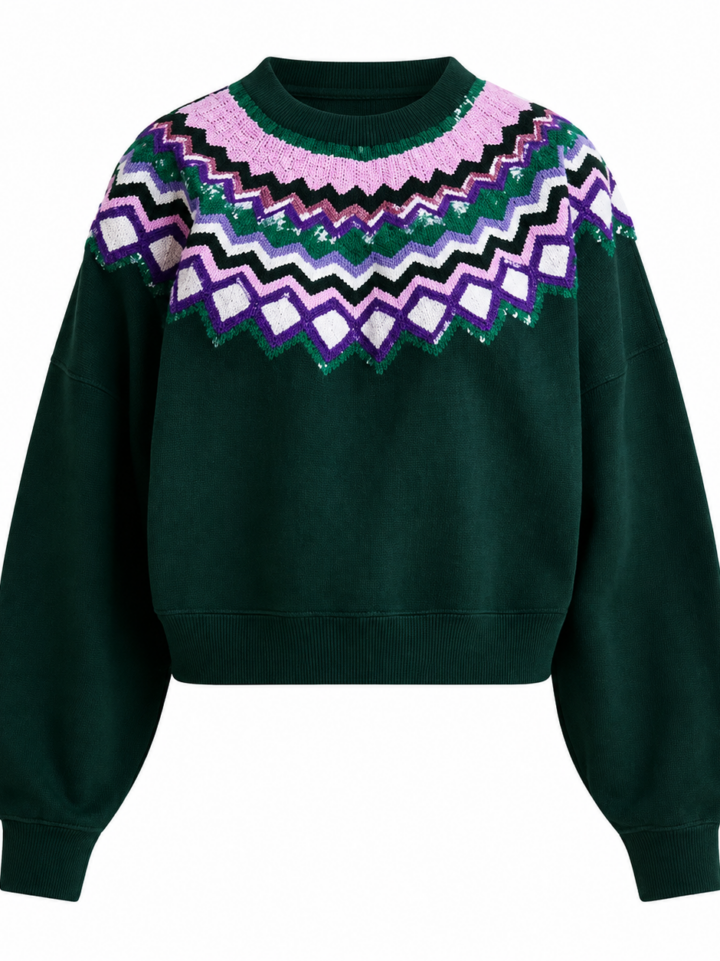 Dark Green Fair Isle Patterned Knit Sweater