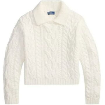 White Cropped Cable-Knit Polo Sweater