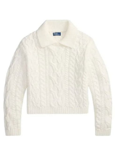 White Cropped Cable-Knit Polo Sweater