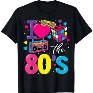 Black Retro Graphic T-Shirt with Vibrant 80s Design
